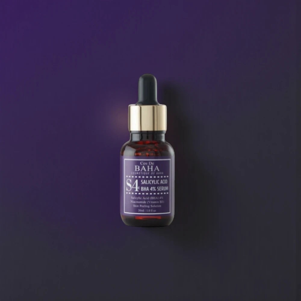 Skin TOGO Cos De BAHA S4 Salicylic Acid 4% BHA serum in a dark glass dropper bottle against a purple background.