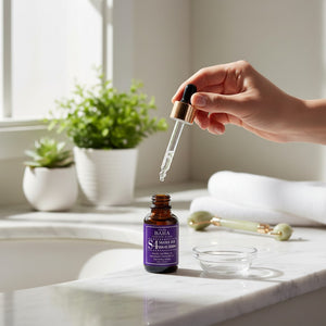 Skin TOGO Cos De BAHA S4 Salicylic Acid 4% BHA serum bottle with dropper in a bright, modern bathroom setting.