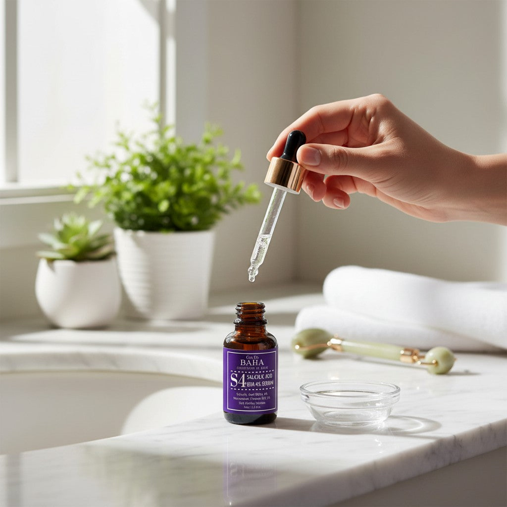 Skin TOGO Cos De BAHA S4 Salicylic Acid 4% BHA serum bottle with dropper in a bright, modern bathroom setting.
