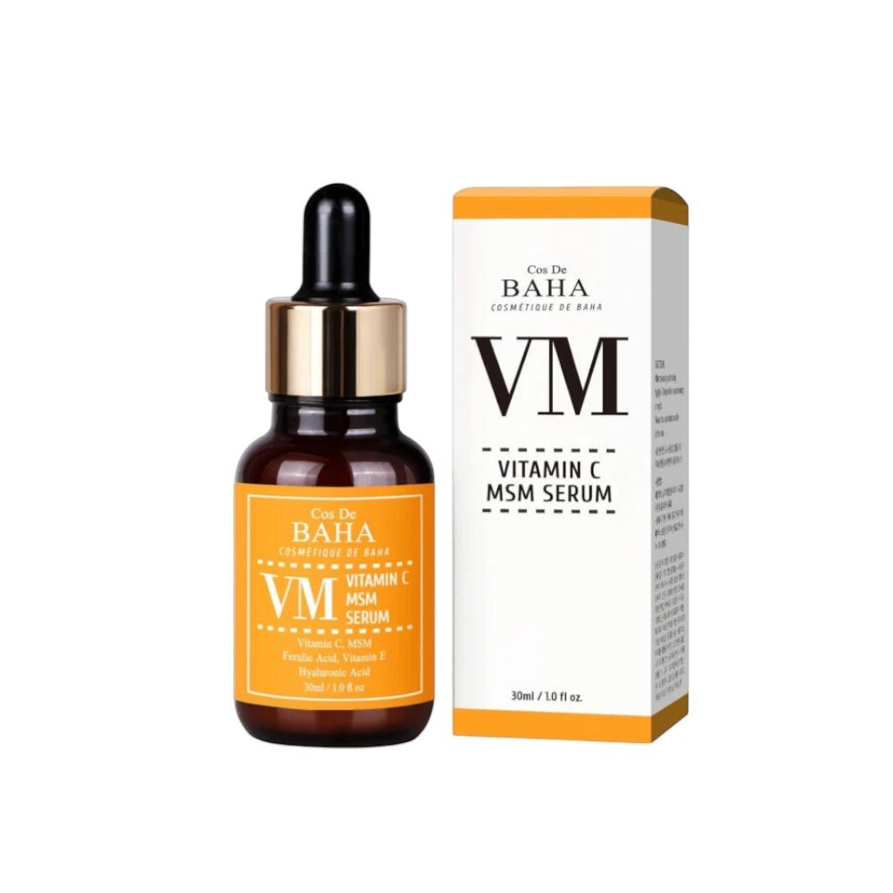 Skin TOGO Cos De BAHA VM Vitamin C MSM serum bottle and packaging box for brightening and antioxidant skin care.