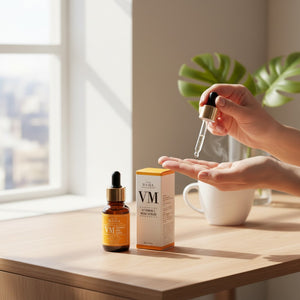 Skin TOGO Cos De BAHA VM Vitamin C MSM serum bottle and box on a wooden table with a hand using the dropper