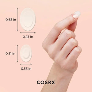 Skin TOGO Cosrx Master Patch Intensive hydrocolloid acne patches in two sizes held by a hand against a soft background