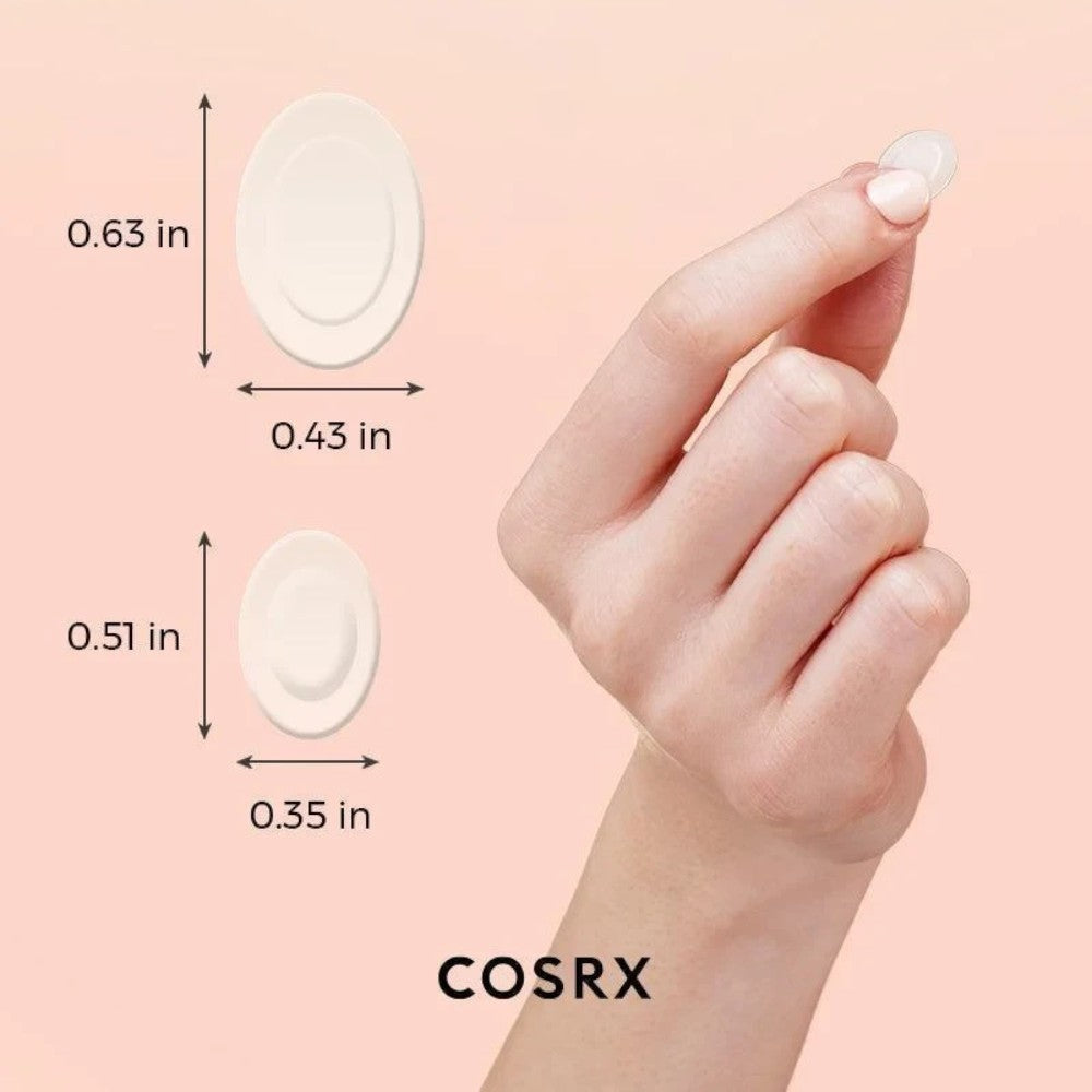 Skin TOGO Cosrx Master Patch Intensive hydrocolloid acne patches in two sizes held by a hand against a soft background
