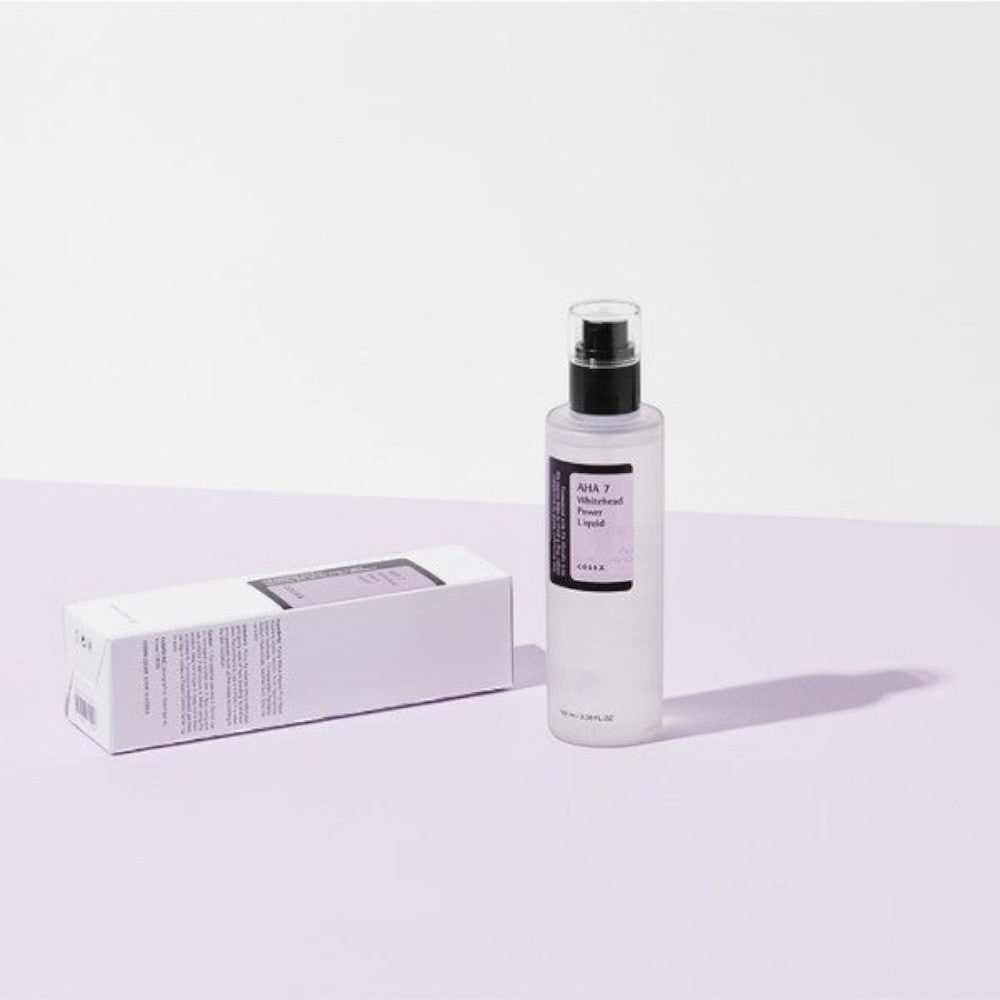 Skin TOGO Cosrx AHA 7 Whitehead Power Liquid chemical exfoliant bottle and packaging on a light purple surface.