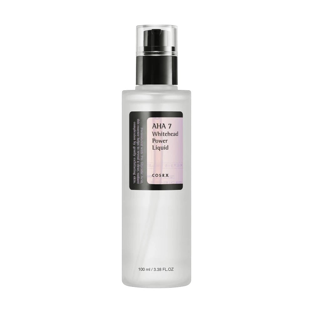 Skin TOGO Cosrx AHA 7 Whitehead Power Liquid chemical exfoliant in a 100ml clear pump bottle for skin texture.