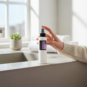 Skin TOGO COSRX AHA/BHA Clarifying Treatment Toner in a white spray bottle held by a hand in a bright bathroom.