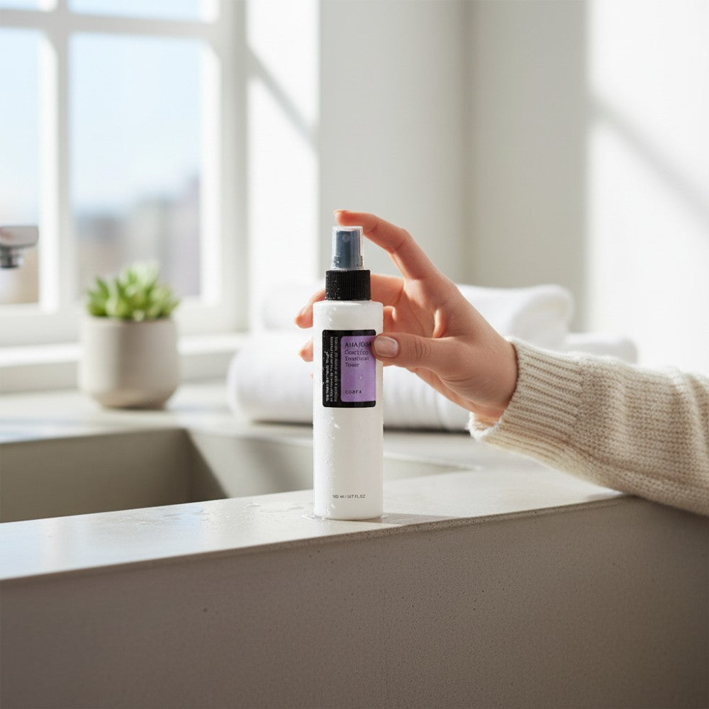 Skin TOGO COSRX AHA/BHA Clarifying Treatment Toner in a white spray bottle held by a hand in a bright bathroom.