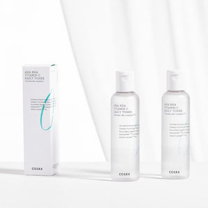 Skin TOGO COSRX AHA BHA Vitamin C toner bottles and packaging box on a clean white background