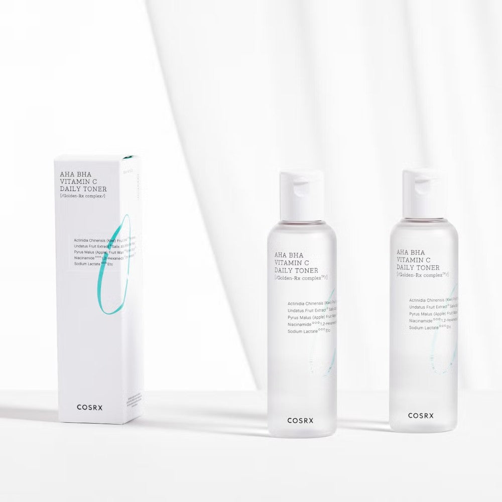 Skin TOGO COSRX AHA BHA Vitamin C toner bottles and packaging box on a clean white background