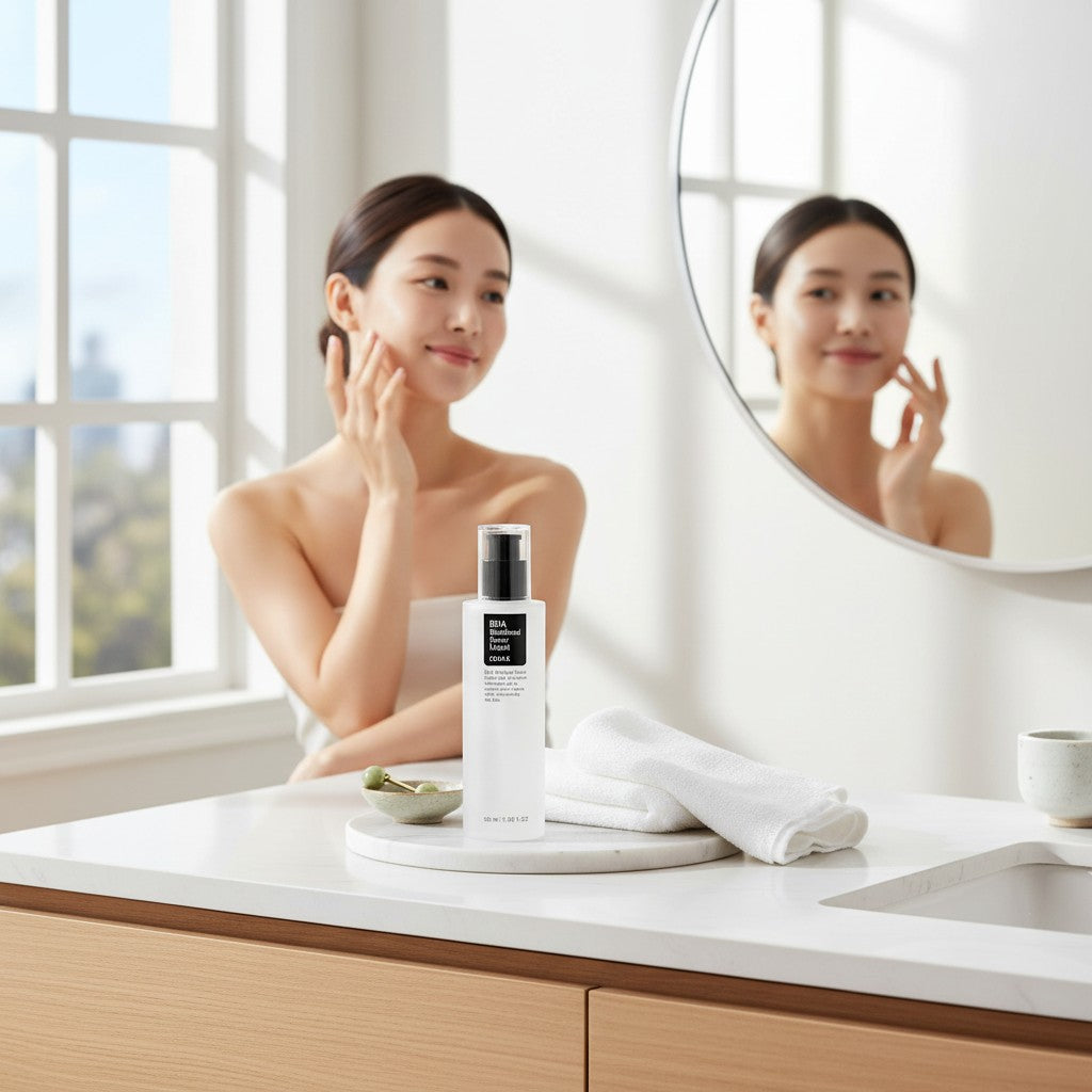 Skin TOGO Cosrx BHA Blackhead Power Liquid serum bottle on a bathroom counter with a woman applying skincare in mirror