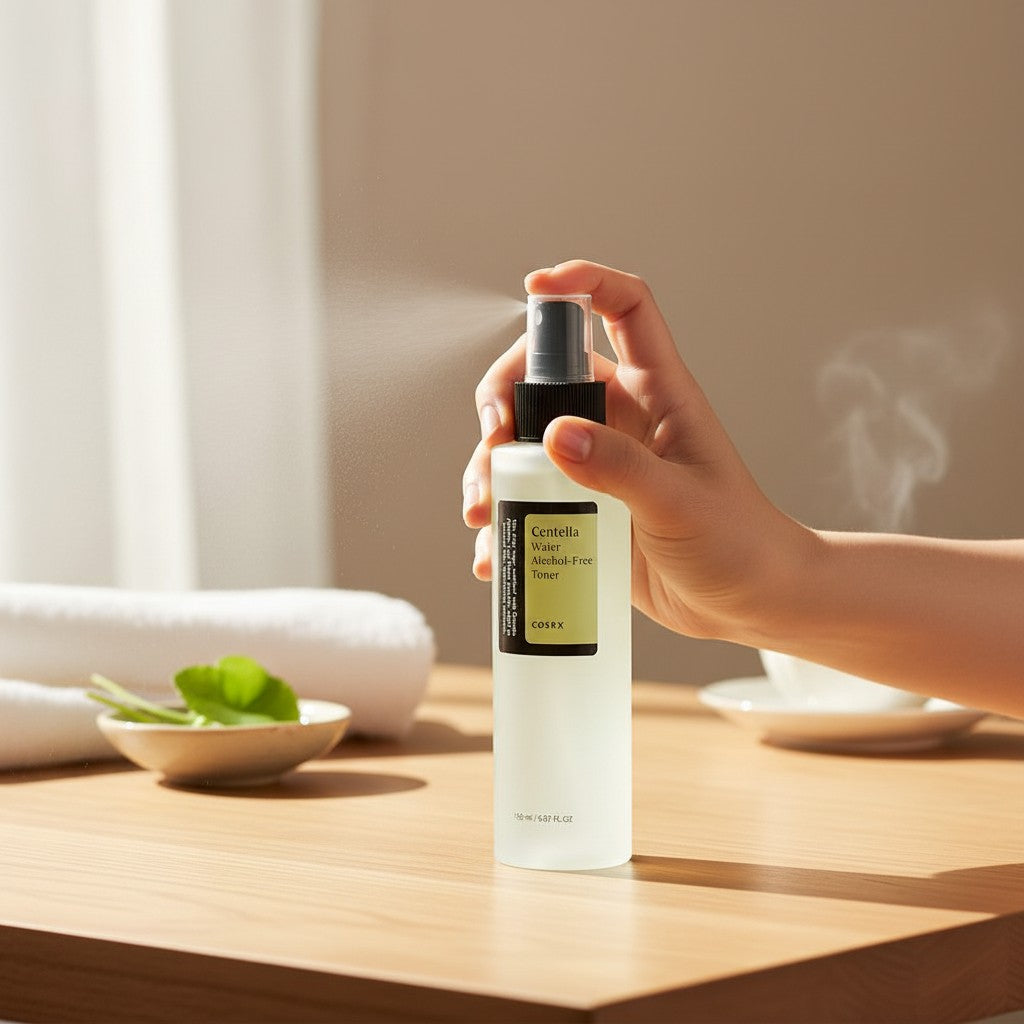 Skin TOGO Cosrx Centella Water Alcohol-Free Toner spray bottle being used on a wooden table with a white towel.