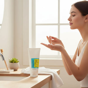 Skin TOGO Cosrx Low pH Good Morning Gel Cleanser in a white tube on a bathroom counter with a woman applying it.