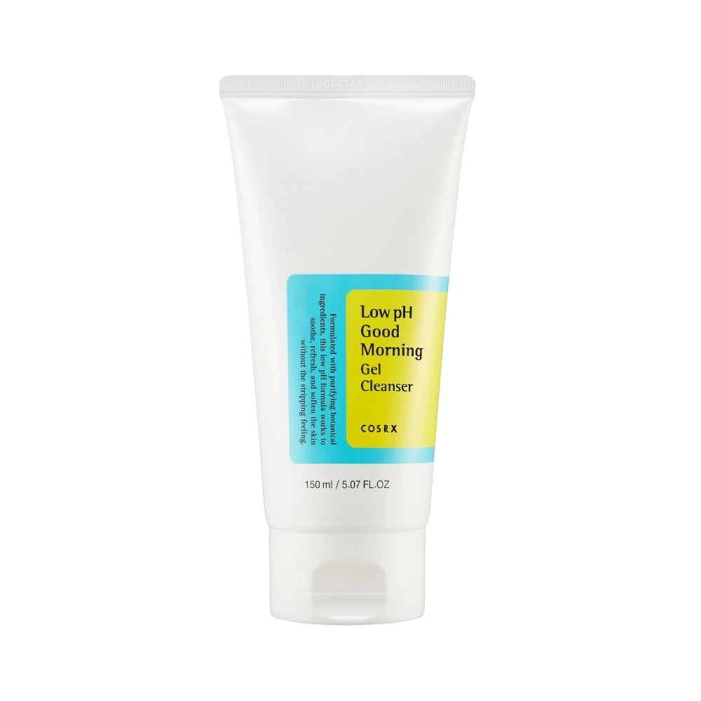 Skin TOGO Cosrx Low pH Good Morning Gel Cleanser in a white 150ml squeeze tube with yellow and blue label details.