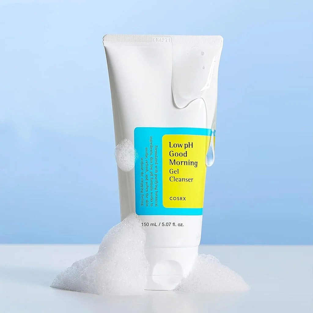 Skin TOGO Cosrx Low pH Good Morning Gel Cleanser in a white tube with soft foam, ideal for gentle daily face washing.