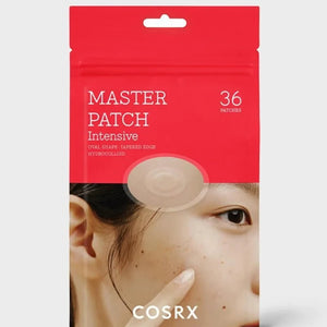 Skin TOGO Cosrx Master Patch Intensive hydrocolloid acne patches in red packaging with a model applying a patch.