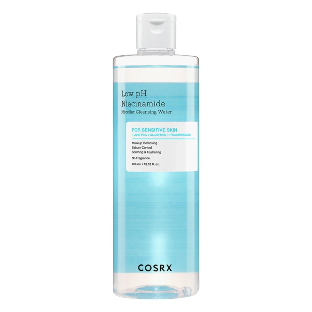 Skin TOGO COSRX Low pH Niacinamide Micellar Cleansing Water for sensitive skin in a 400ml clear bottle.