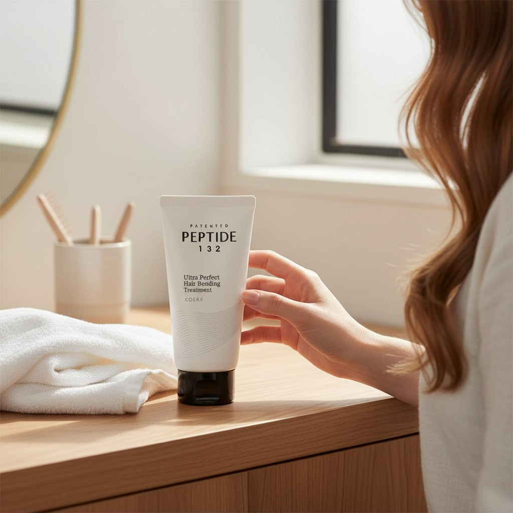 Skin TOGO COSRX Peptide-132 Ultra Perfect Hair Bonding Treatment tube held by a woman in a bright bathroom setting.