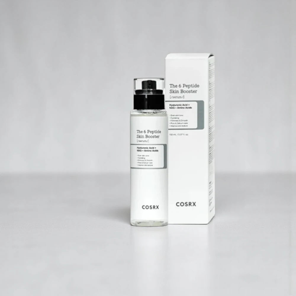 Skin TOGO COSRX The 6 Peptide Skin Booster serum bottle and packaging box on a clean white surface.