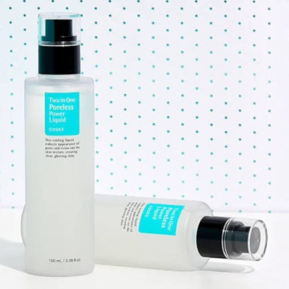 Skin TOGO COSRX Two In One Poreless Power Liquid serum bottles with pump dispensers on a white dotted background.