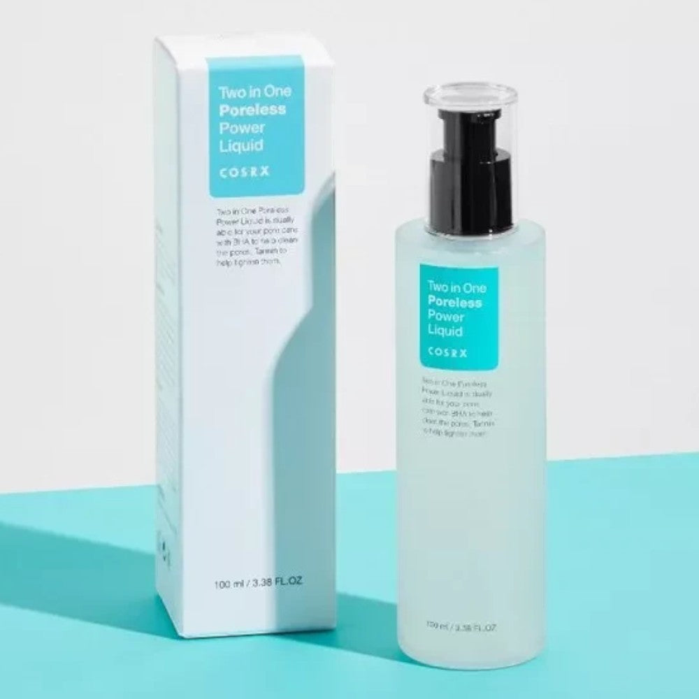 Skin TOGO COSRX Two In One Poreless Power Liquid bottle and white box on a blue and white background
