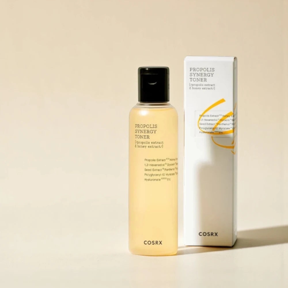 Skin TOGO COSRX Full Fit Propolis Synergy Toner bottle and packaging box on a neutral beige background.