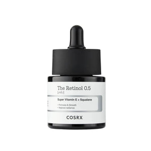 Skin TOGO COSRX The Retinol 0.5 Oil serum bottle with dropper, featuring squalane and vitamin E for anti-aging.