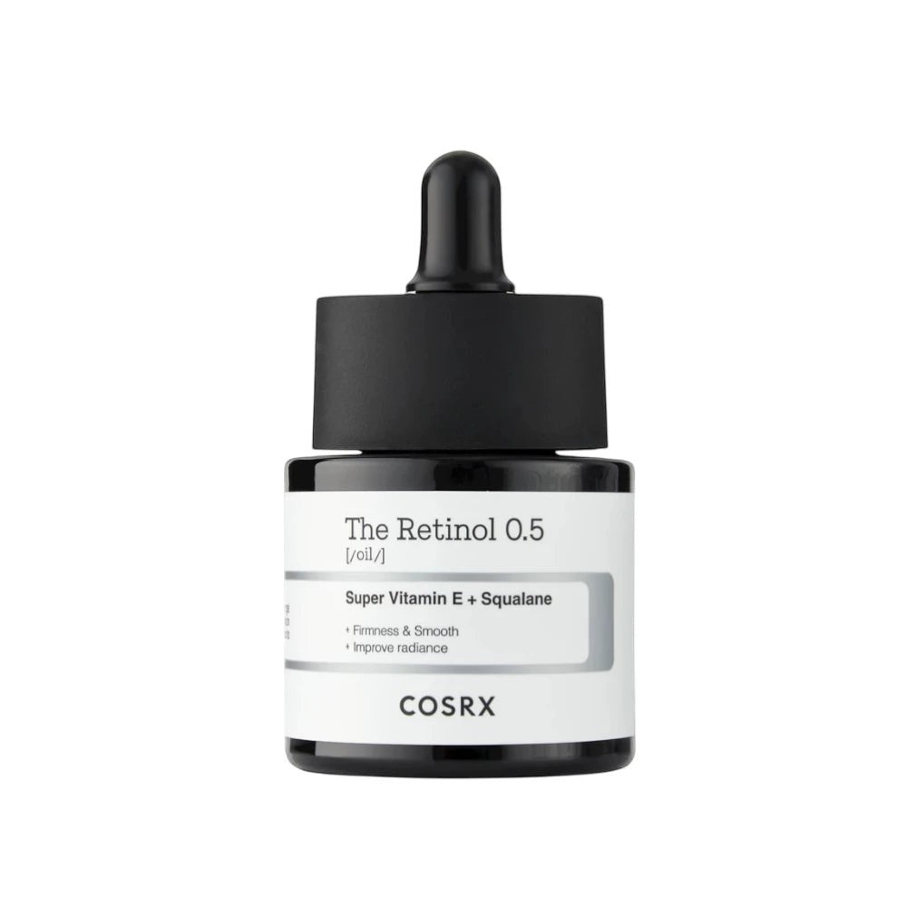 Skin TOGO COSRX The Retinol 0.5 Oil serum bottle with dropper, featuring squalane and vitamin E for anti-aging.