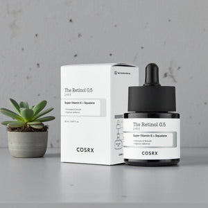 Skin TOGO COSRX The Retinol 0.5 Oil serum bottle and box with squalane and vitamin E for anti-aging skincare