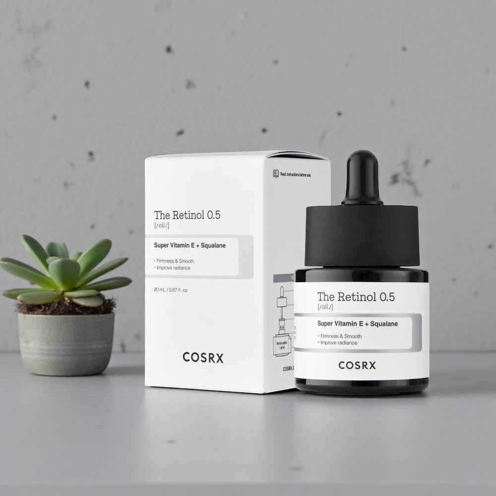 Skin TOGO COSRX The Retinol 0.5 Oil serum bottle and box with squalane and vitamin E for anti-aging skincare