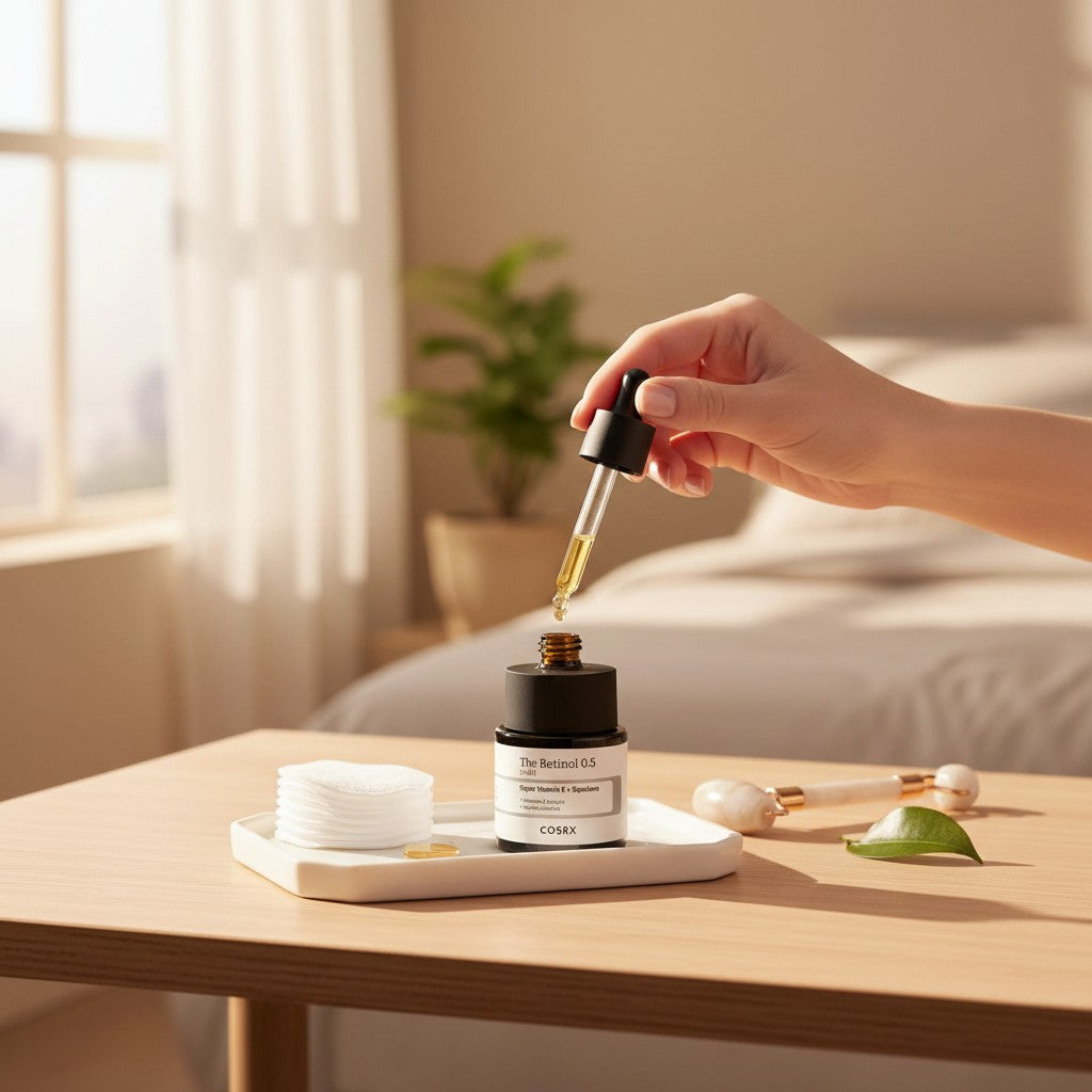 Skin TOGO COSRX The Retinol 0.5 Oil serum bottle with dropper, featuring squalane for anti-aging skincare.