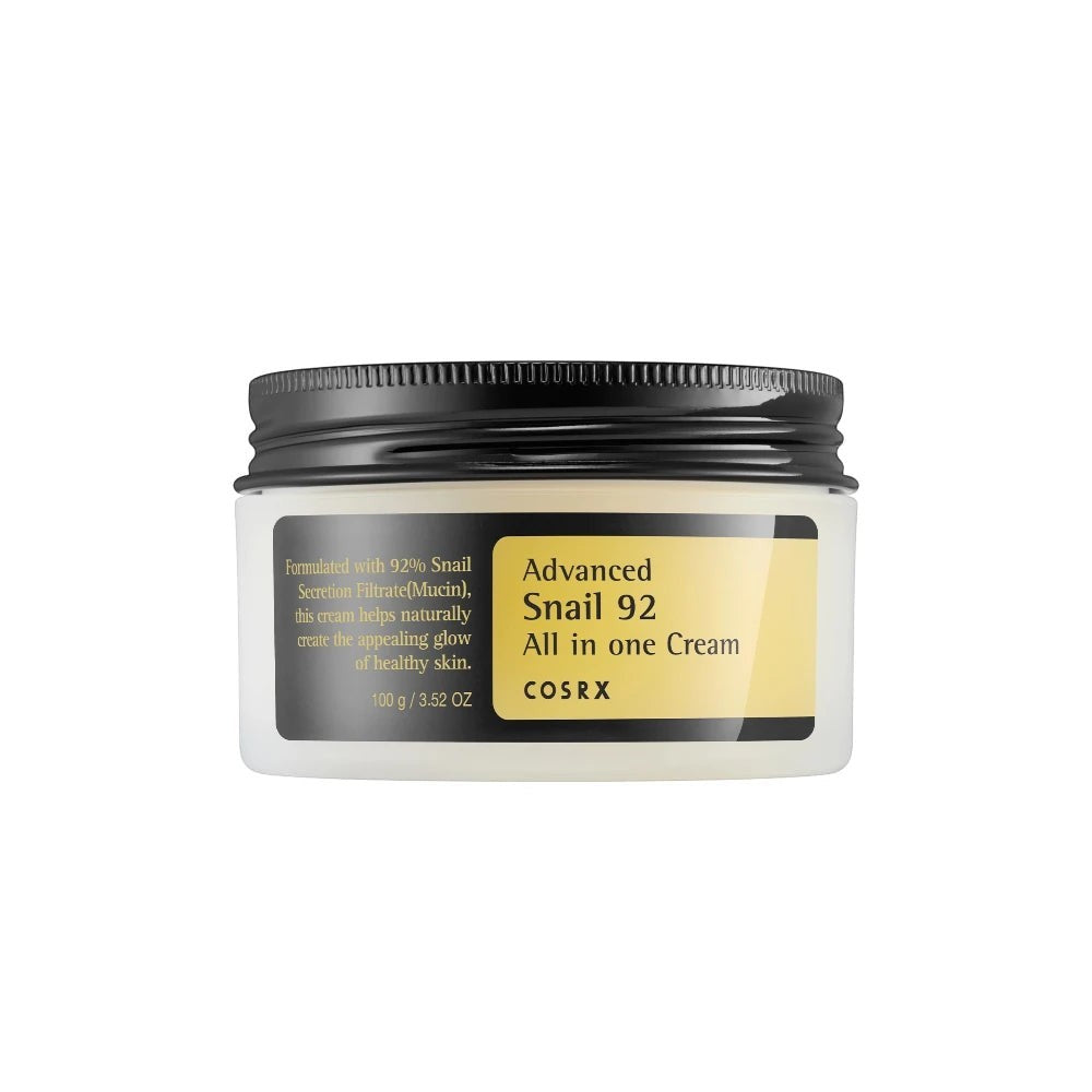 Skin TOGO Cosrx Advanced Snail 92 All In One Cream in a 100ml jar with a black lid and yellow label.