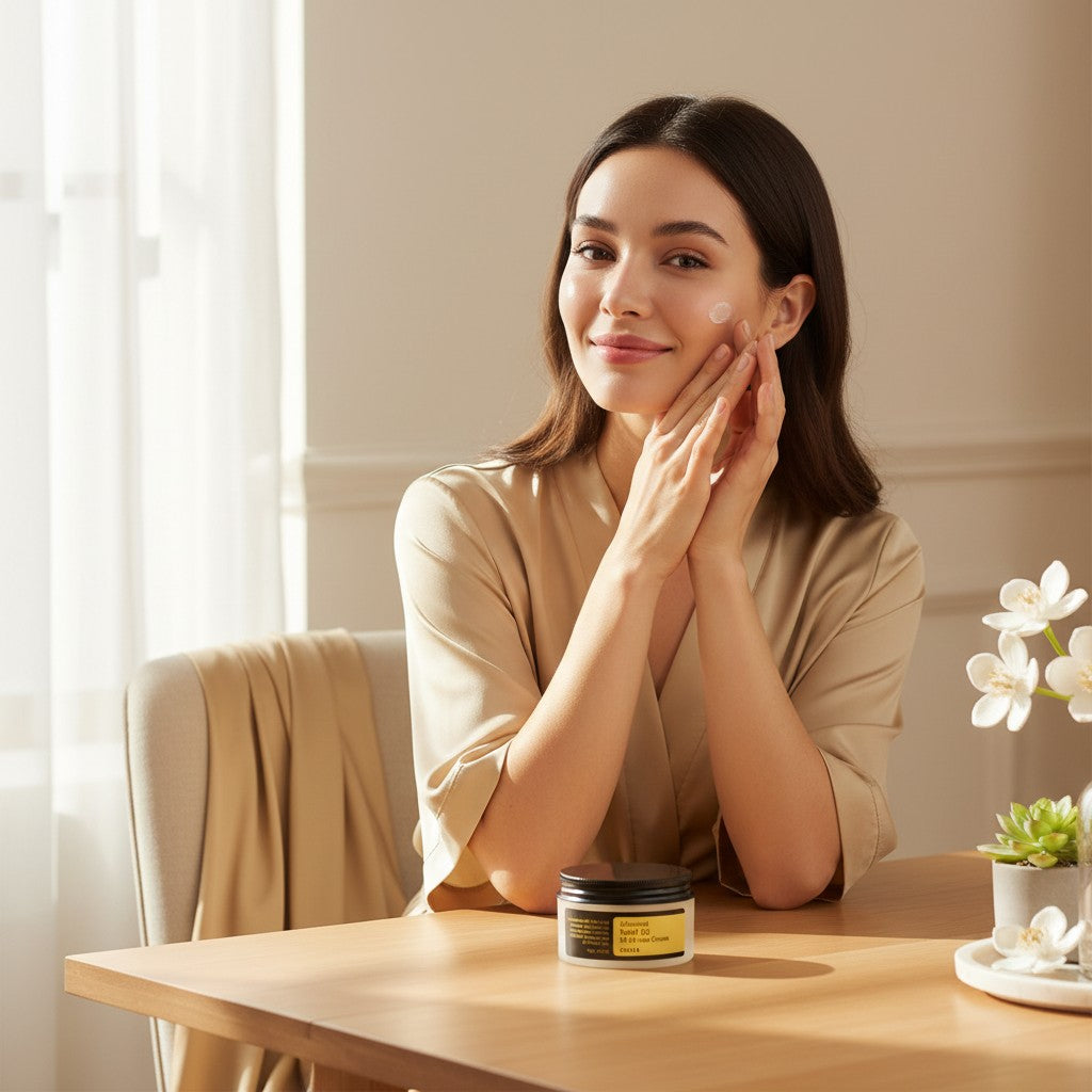 Skin TOGO model applying Cosrx Advanced Snail 92 All In One Cream to her cheek in a bright, serene room.