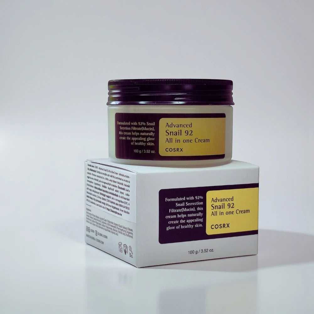 Skin TOGO Cosrx Advanced Snail 92 All In One Cream jar and packaging box for skin regeneration and hydration.