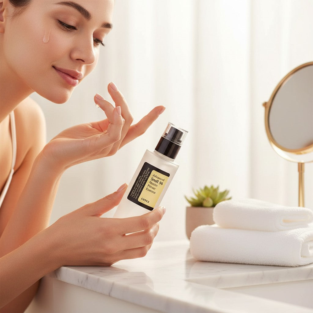 Skin TOGO model applying Cosrx Advanced Snail 96 Mucin Power Essence to her face for deep hydration and skin repair.