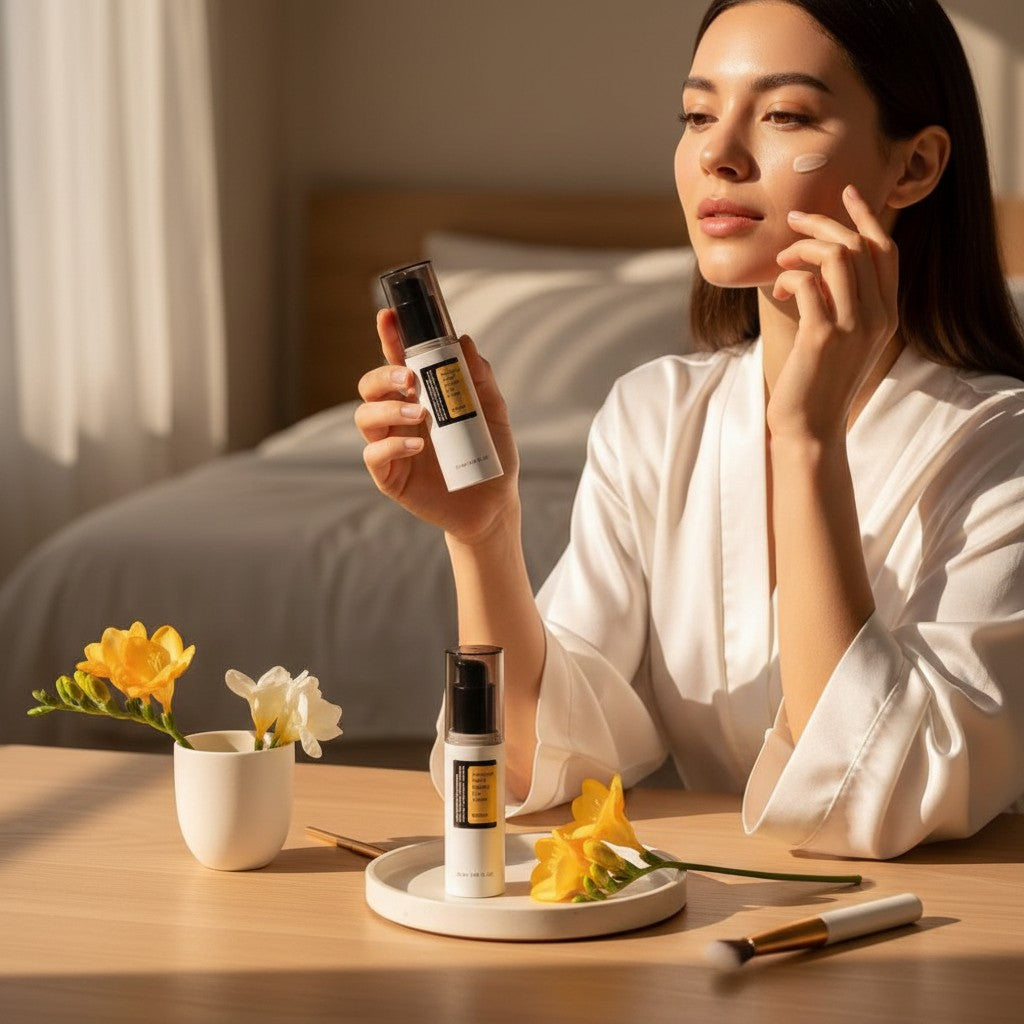 Skin TOGO model applying Cosrx Advanced Snail Peptide Eye Cream to her face in a bright, serene bedroom setting.
