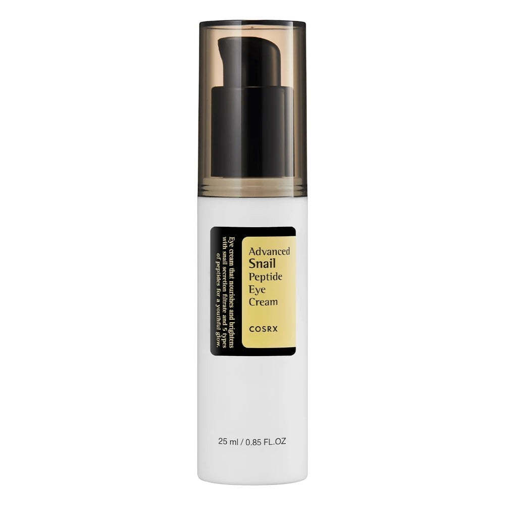 Skin TOGO Cosrx Advanced Snail Peptide Eye Cream in a 25ml white pump bottle for hydrating and firming eye care.