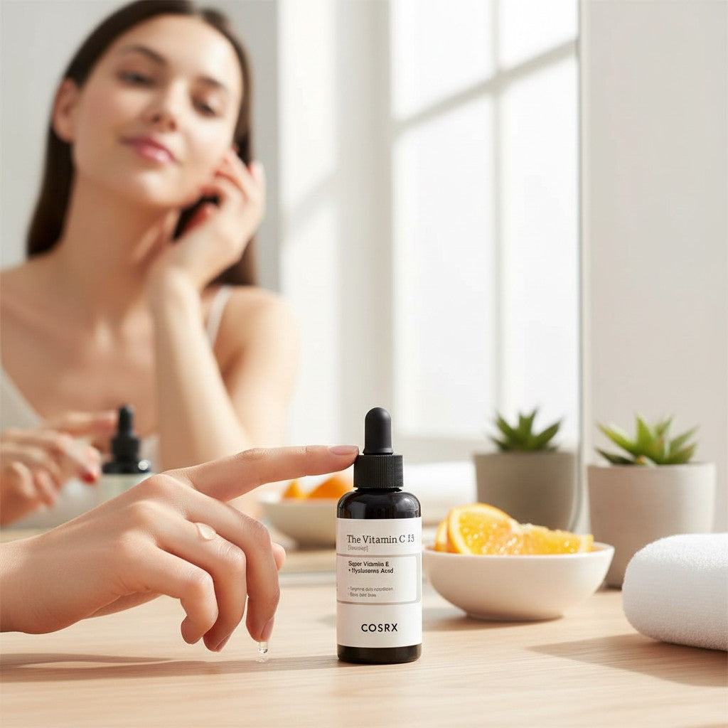 Skin TOGO COSRX The Vitamin C 13 Serum bottle on a wooden table with a woman in the background