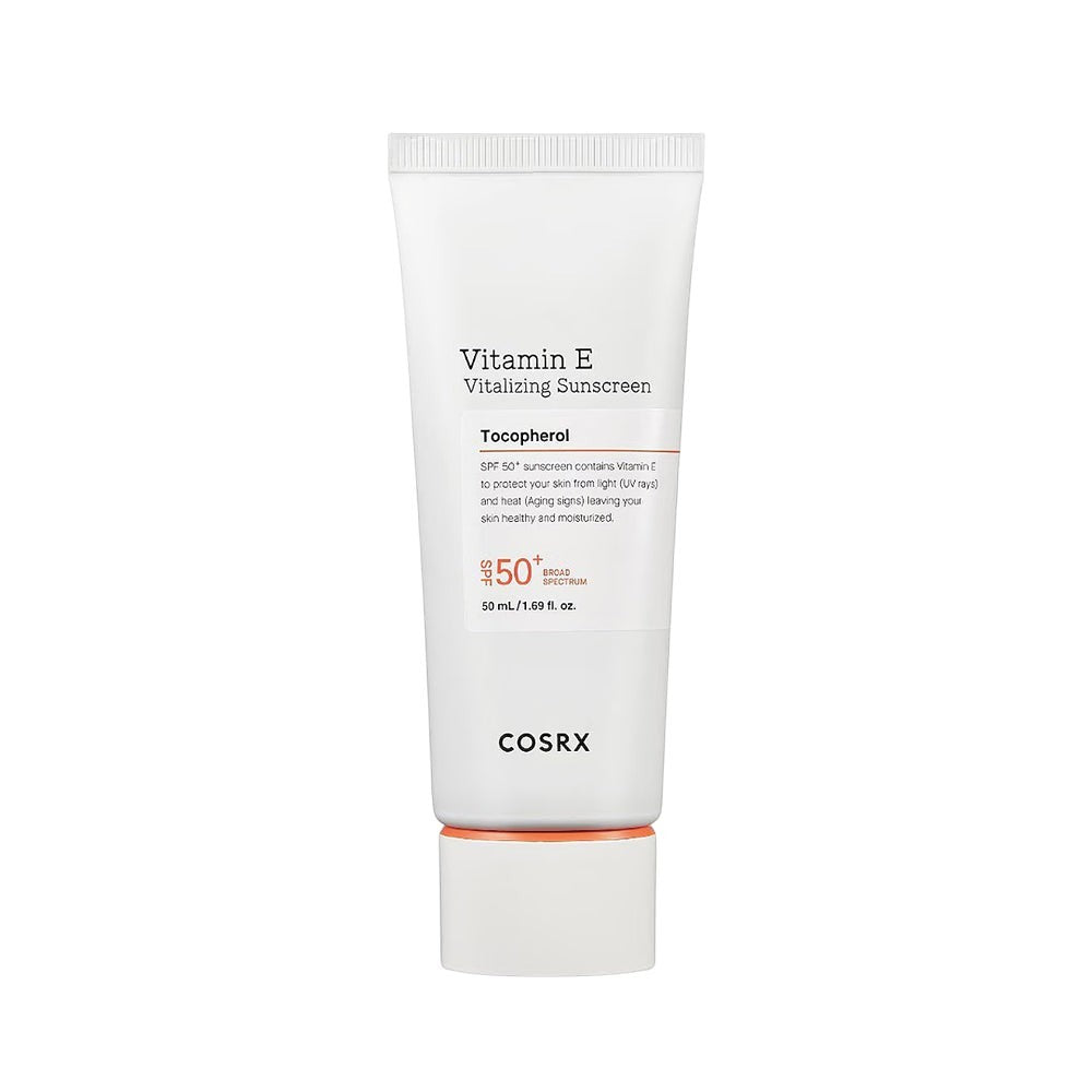 Skin TOGO COSRX Vitamin E Vitalizing Sunscreen SPF 50+ in a white 50ml tube with orange accents.