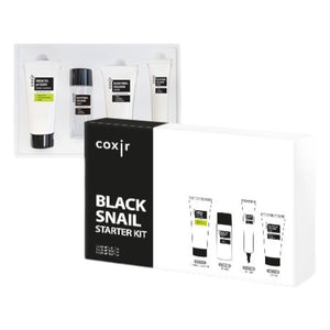 Skin TOGO Coxir Black Snail Starter Kit featuring four anti-aging skincare products with snail mucin and collagen.