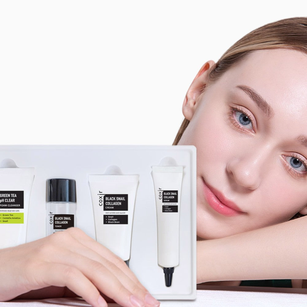 Skin TOGO Coxir Black Snail Starter Kit featuring four anti-aging skincare products with a woman model.
