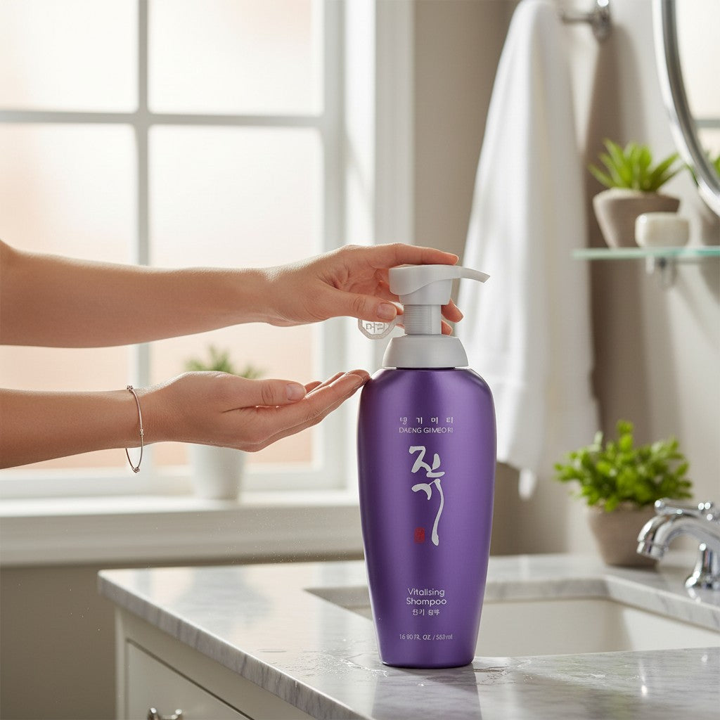 Skin TOGO Daeng Gi Meo Ri Vitalizing Shampoo in a purple bottle being dispensed by hand in a bright bathroom setting.