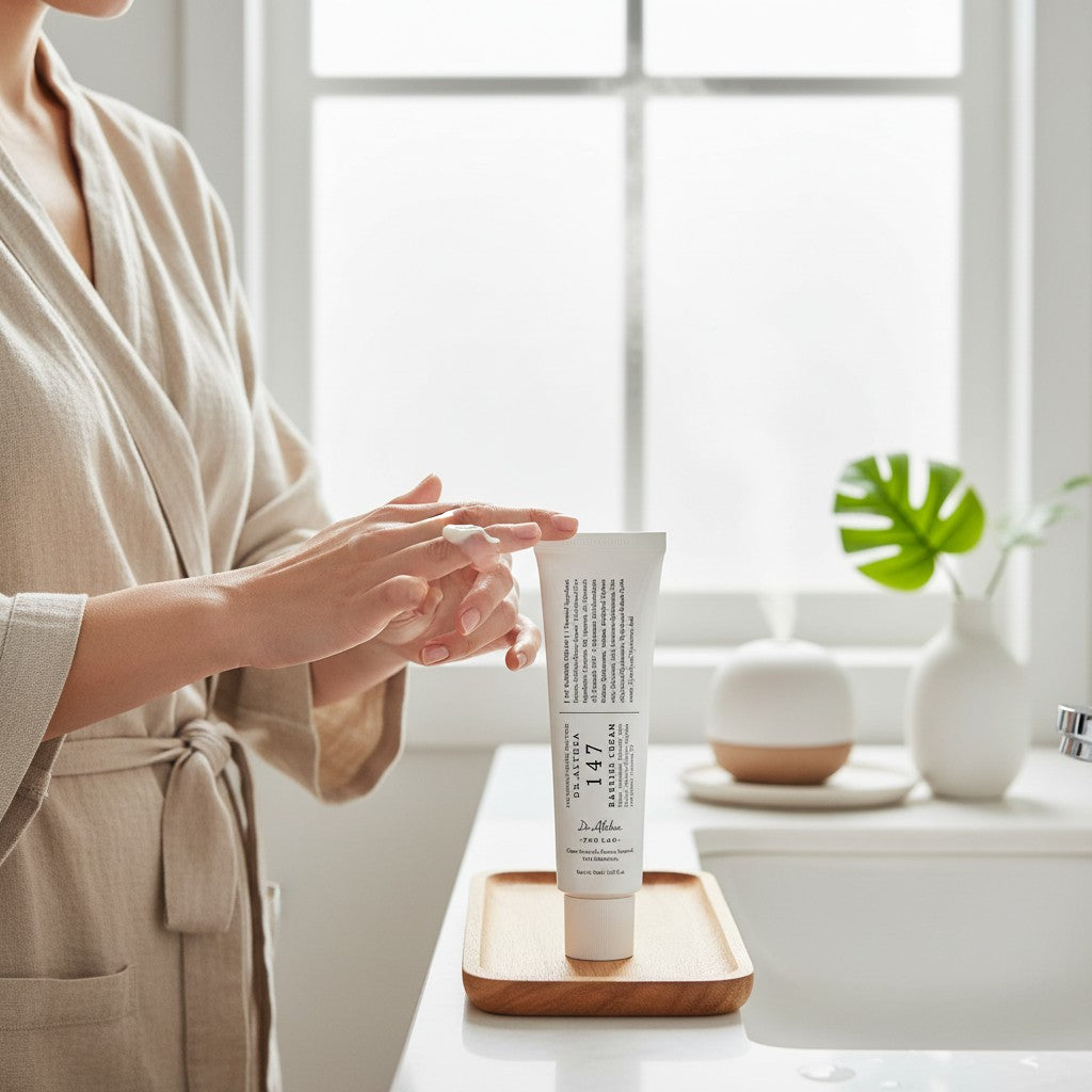 Skin TOGO Dr. Althea 147 Barrier Cream in a white tube being applied by a woman in a beige robe in a bright bathroom.
