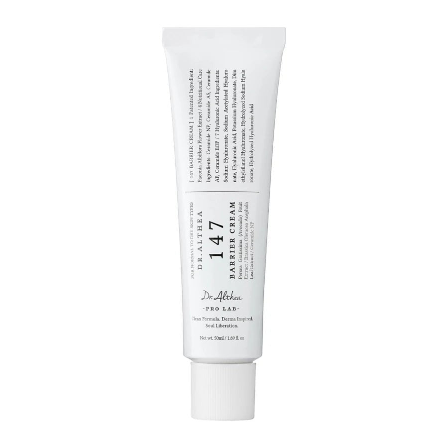 Skin TOGO Dr. Althea 147 Barrier Cream 50ml tube featuring a minimalist white design with detailed ingredient list.