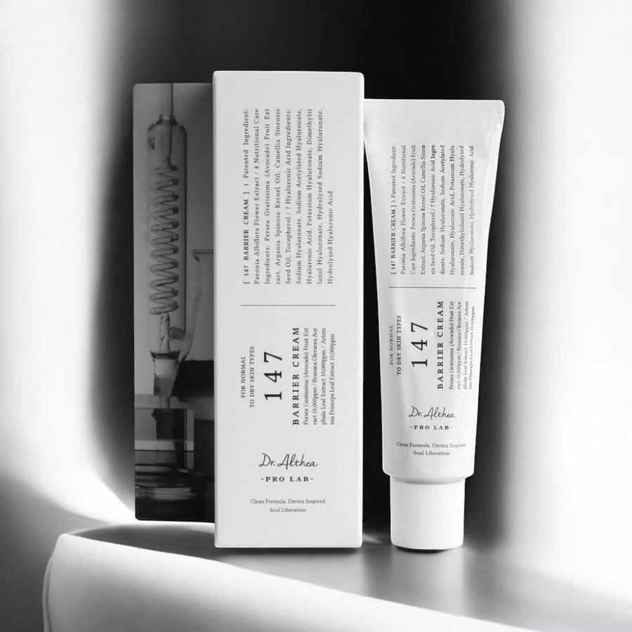 Skin TOGO Dr. Althea 147 Barrier Cream tube and box featuring a minimalist white design for sensitive skin repair.