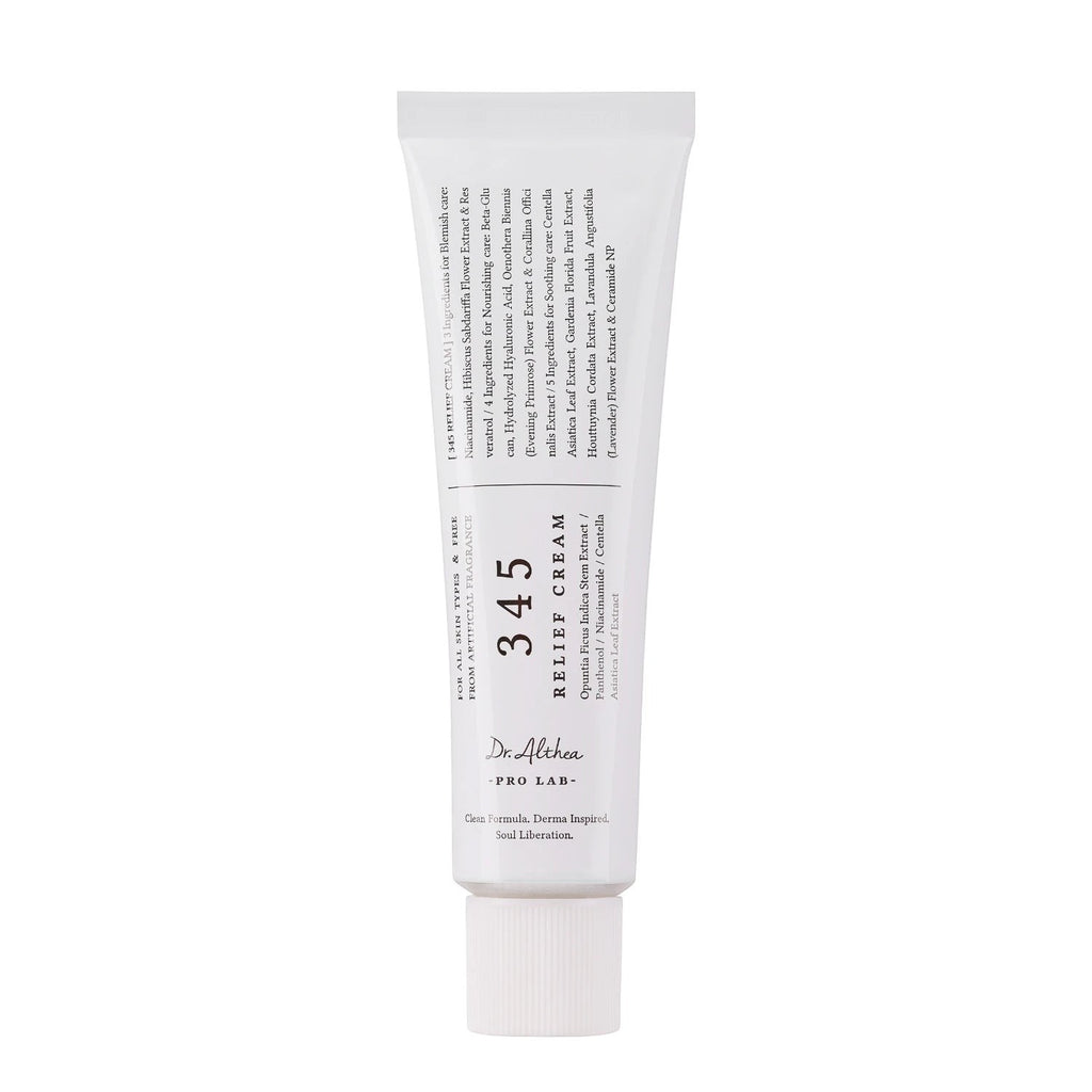 Skin TOGO Dr.Althea 345 Relief Cream in a white 50ml tube for soothing and repairing sensitive skin.