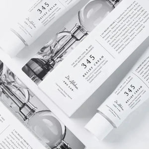 Skin TOGO Dr.Althea 345 Relief Cream tubes and packaging boxes featuring minimalist white design for sensitive skin