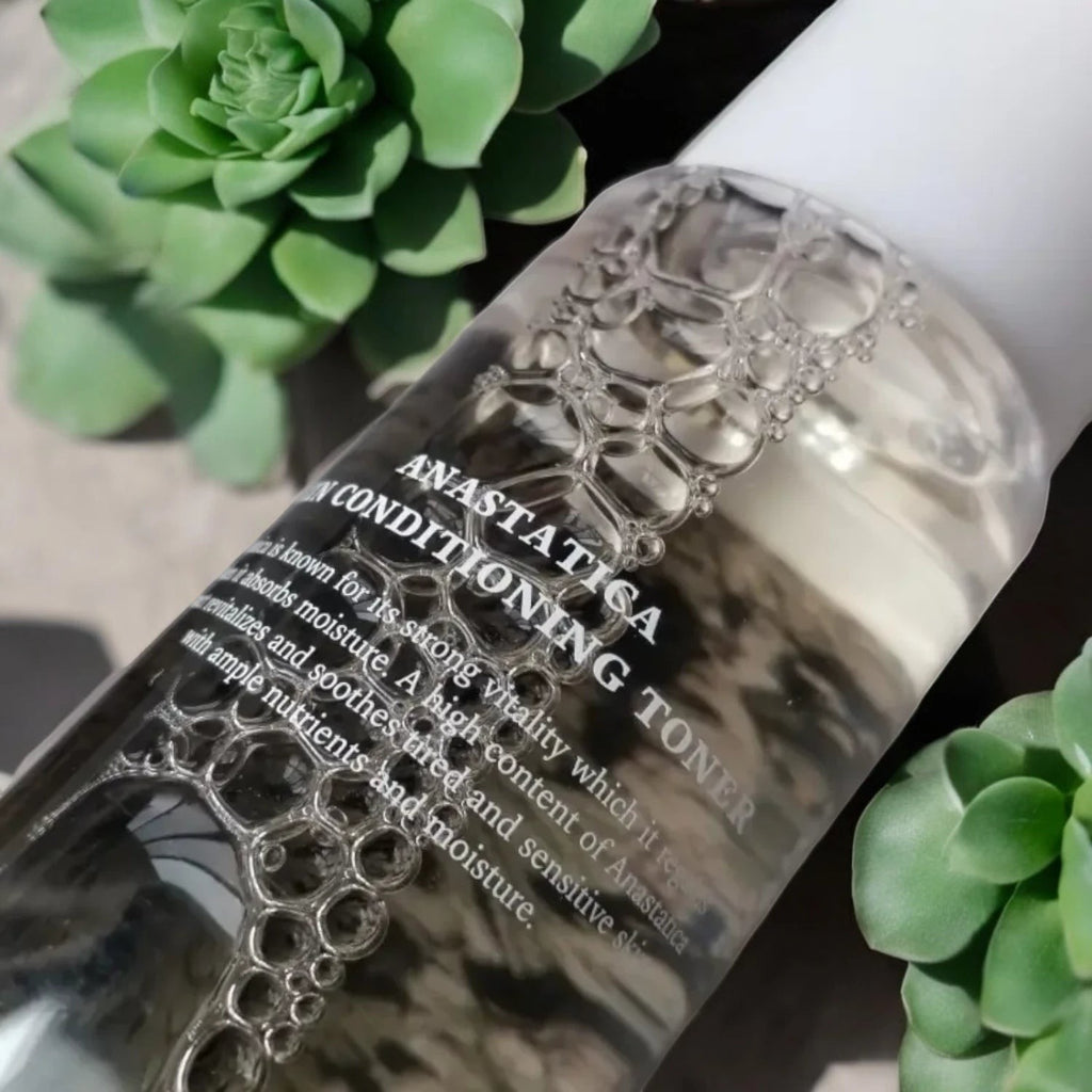 Skin TOGO Dr.Althea Anastatica Skin Conditioning Toner bottle with clear liquid and bubbles, surrounded by succulents.