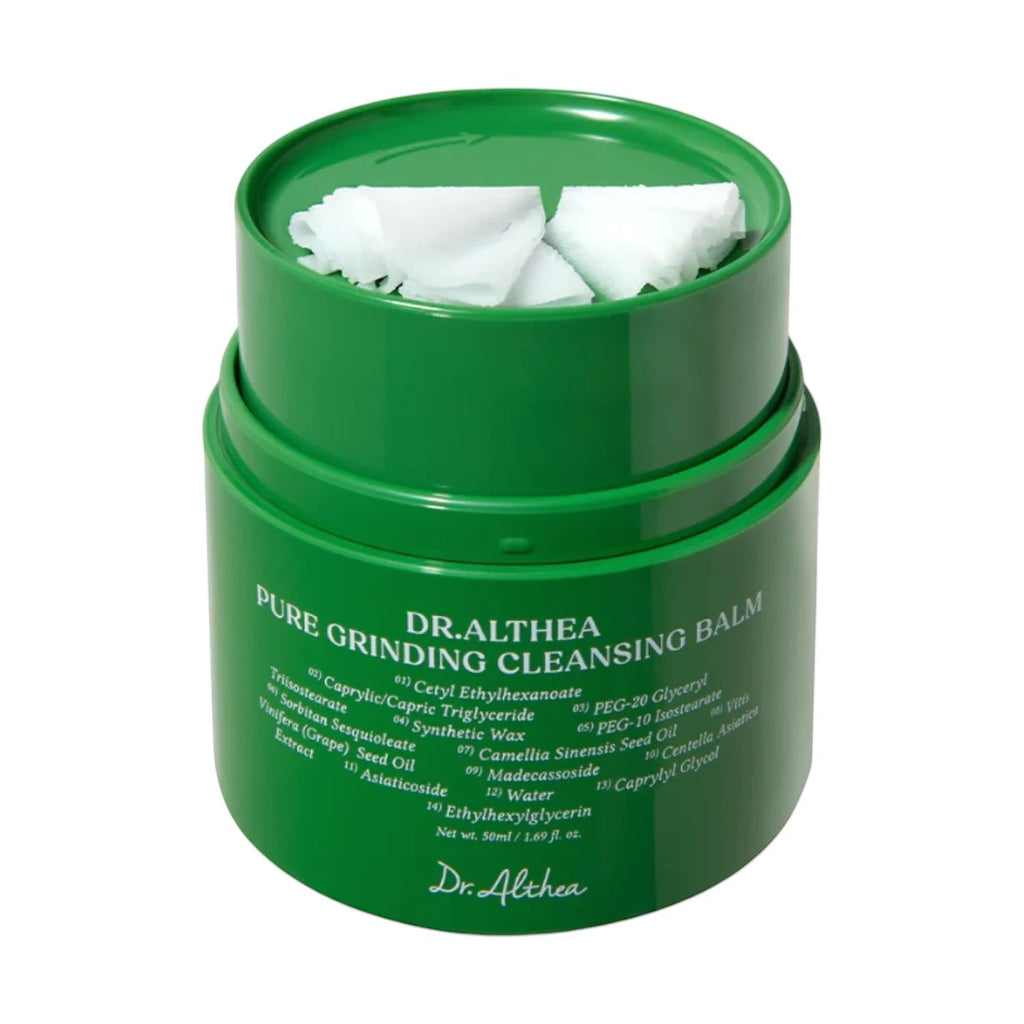 Skin TOGO Dr.Althea Pure Grinding Cleansing Balm in a green jar with a unique grinding mechanism for makeup removal.
