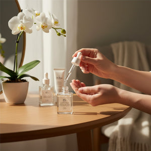 Skin TOGO Dr. Althea Natural Radiance Essence serum being applied with a dropper on a wooden vanity table.