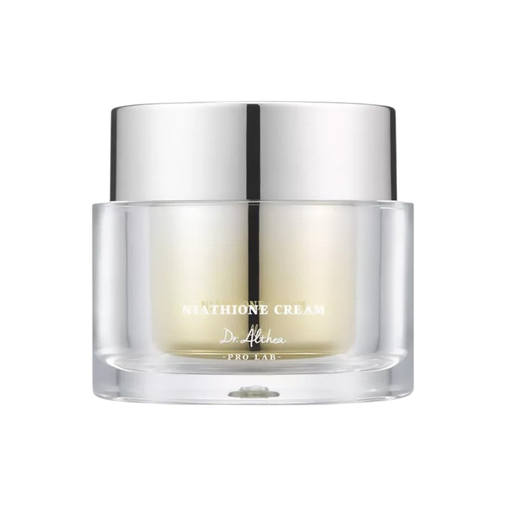 Skin TOGO Dr.Althea Niathione Cream in a premium glass jar with a metallic silver lid for brightening and hydration.